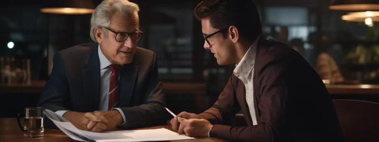 two individuals deep in conversation, pointing at a contract with an arrow pointing specifically at the arbitration clause.