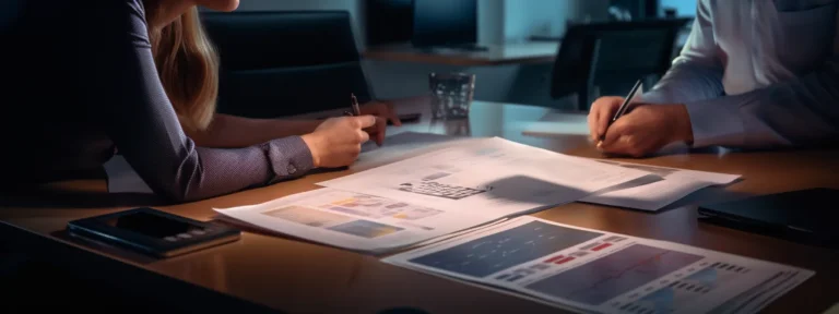 two people analyzing and comparing legal documents on a conference table.