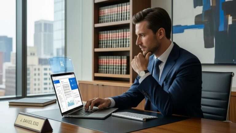 Attorney discussing AI communication in a modern legal office