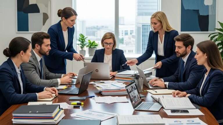 Diverse legal professionals discussing international arbitration with documents and digital devices