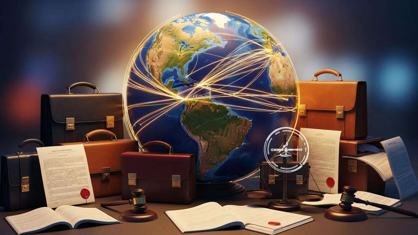 Arbitration cost calculator concept: globe with trade routes and legal documents symbolizing cross-border arbitration