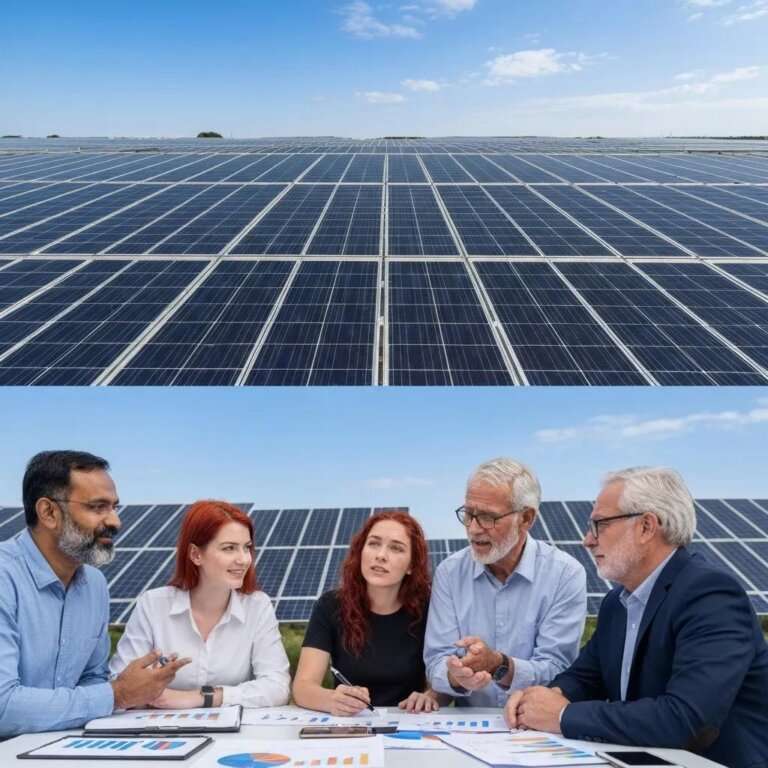 Diverse professionals discussing solar energy investment strategies at a solar farm