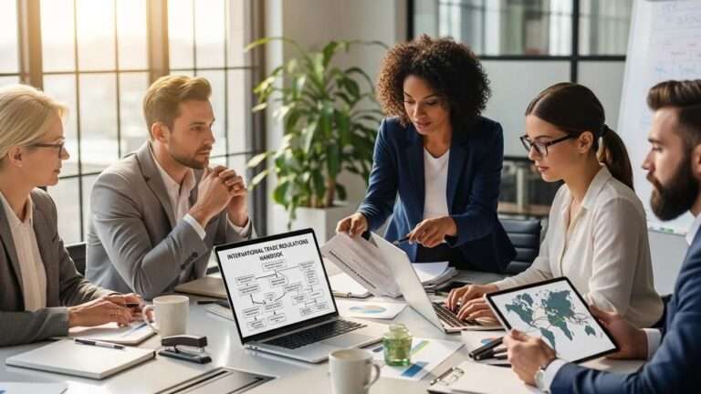 Diverse business professionals collaborating on international trade compliance in a modern office