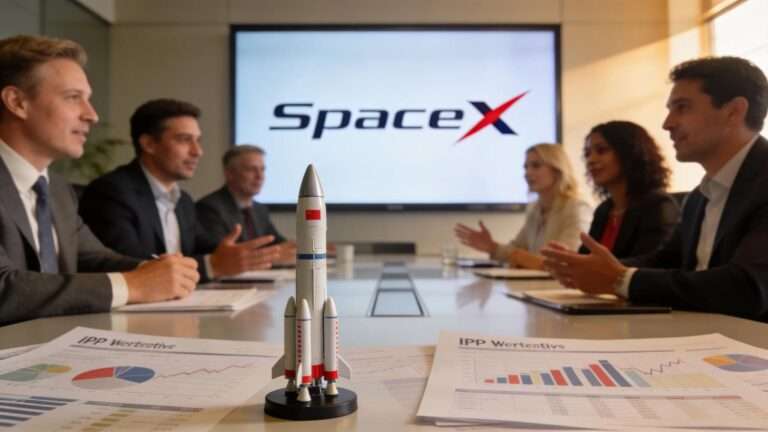 Investors discussing SpaceX IPO in a modern conference setting with a focus on miniature rockets and financial documents
