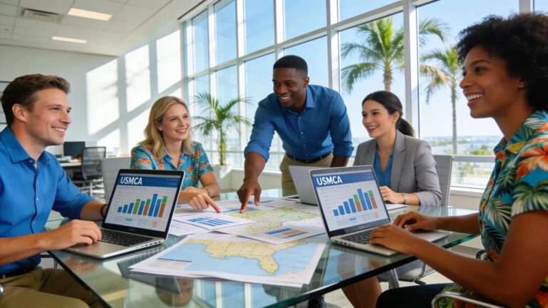 Florida business professionals strategizing over USMCA trade impacts in a bright conference room