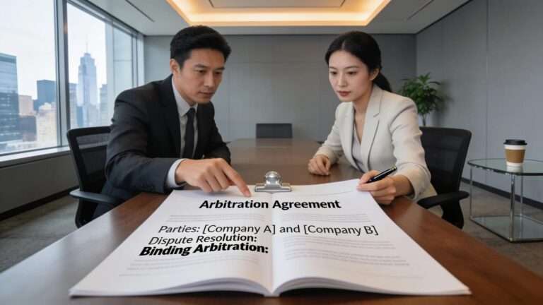 Business professionals analyzing a sample arbitration agreement in a modern office