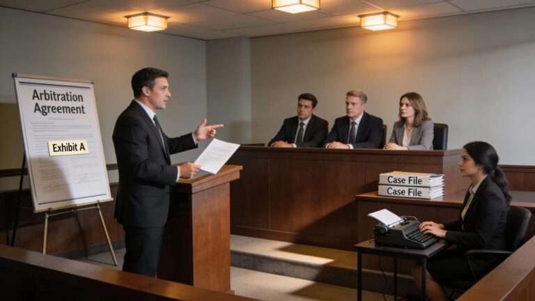 Professional setting with an expert witness presenting in an international arbitration tribunal