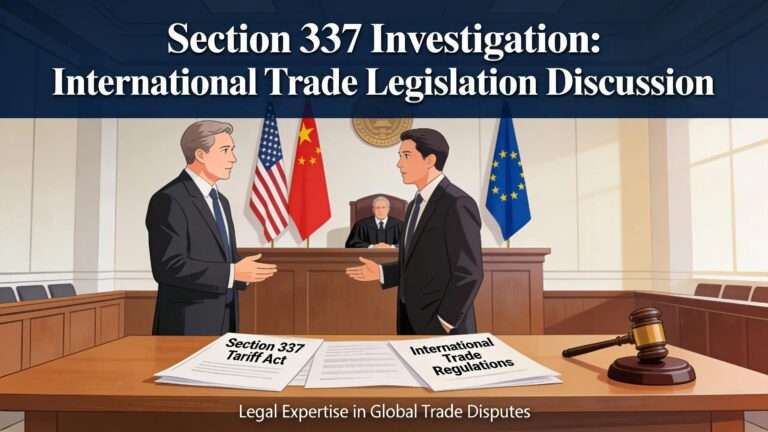 Courtroom scene with lawyers and international trade visuals representing Section 337 investigations