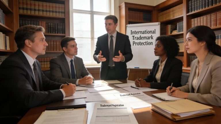 Group of legal experts discussing international trademark protection in a professional setting