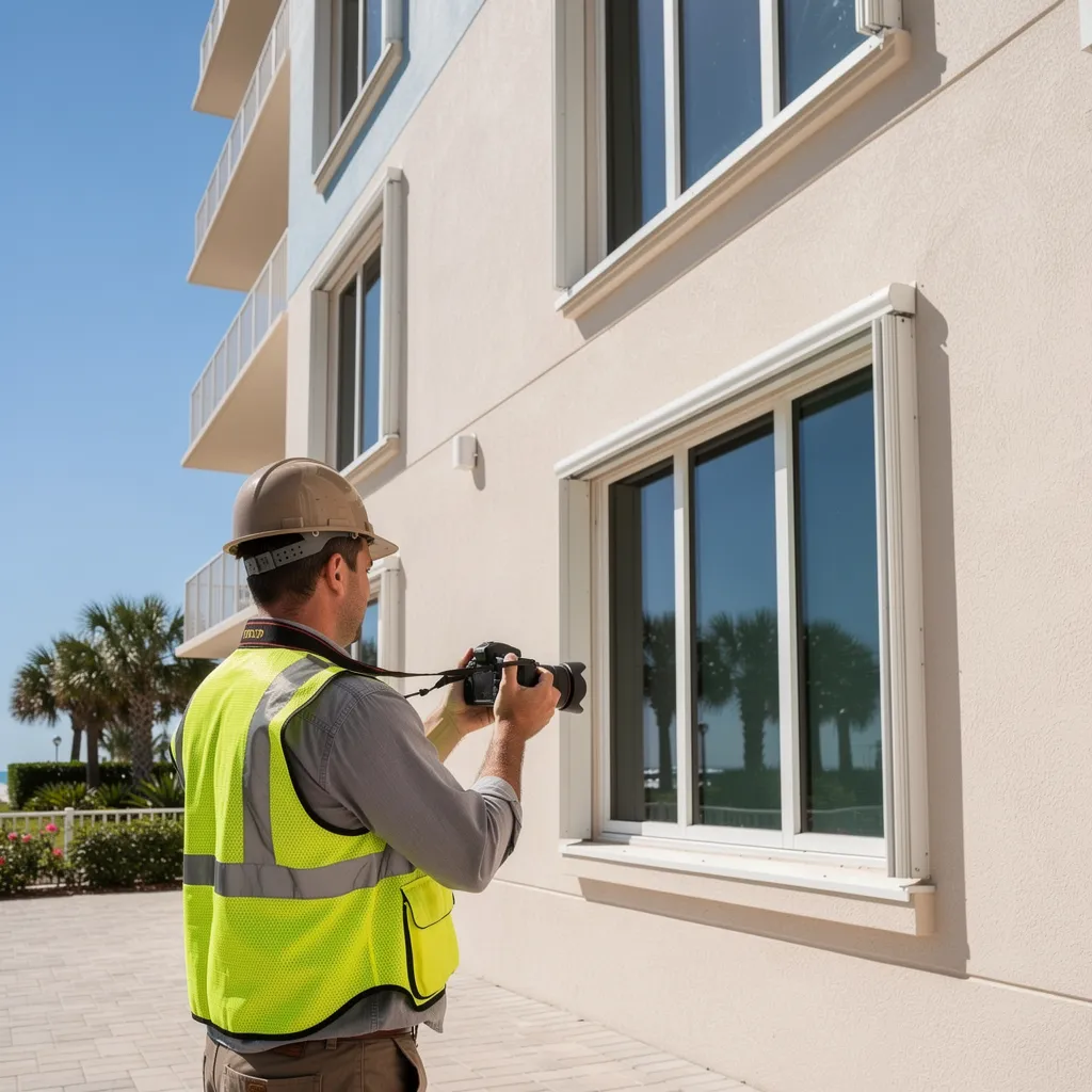 Inspector reviewing a Florida condominium exterior for construction defects