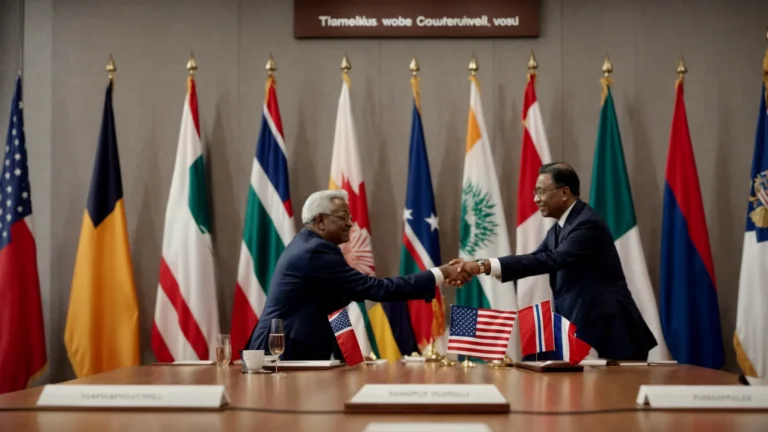 two diplomats shake hands at a conference table, with flags of their respective countries in the background.