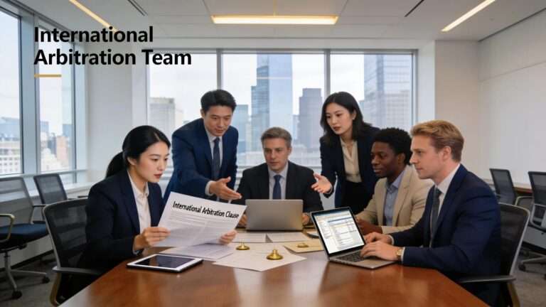 Collaboration of diverse legal professionals in a modern setting discussing international arbitration.