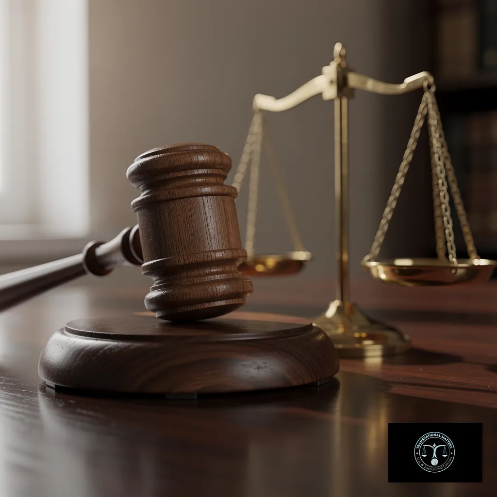 Gavel and brass scales of justice on a dark wood desk