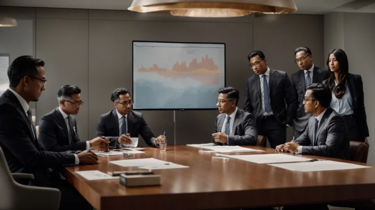 a group of professional consultants gather around a conference table, discussing a chart that outlines a strategy plan.