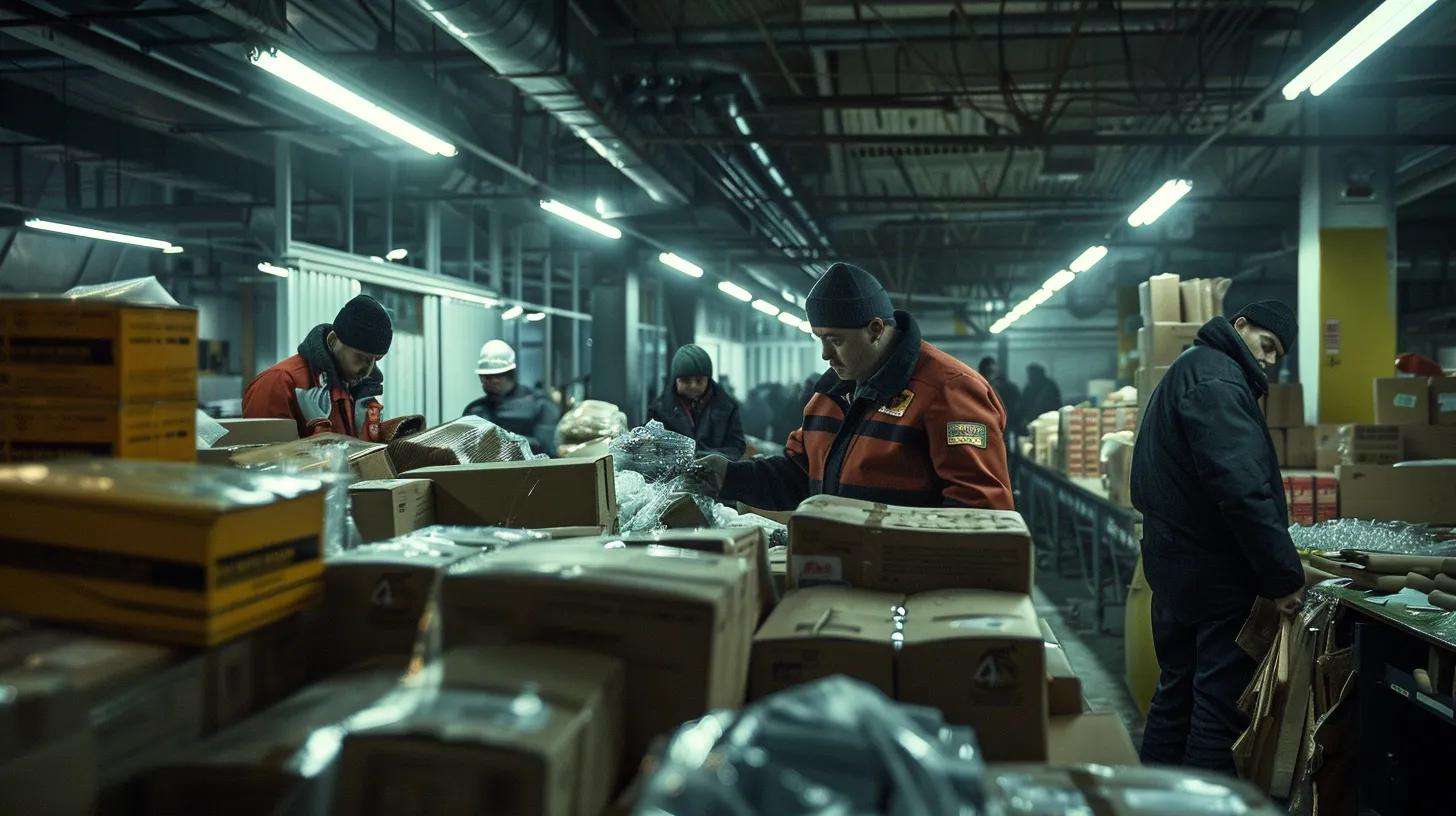 a dramatic indoor scene depicts a busy customs inspection area, where uniformed officers meticulously examining a large shipment of counterfeit goods under harsh fluorescent lighting, symbolizing the rigorous enforcement of intellectual property rights.