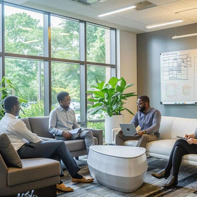 Professionals discussing hedge fund strategies in a modern office setting