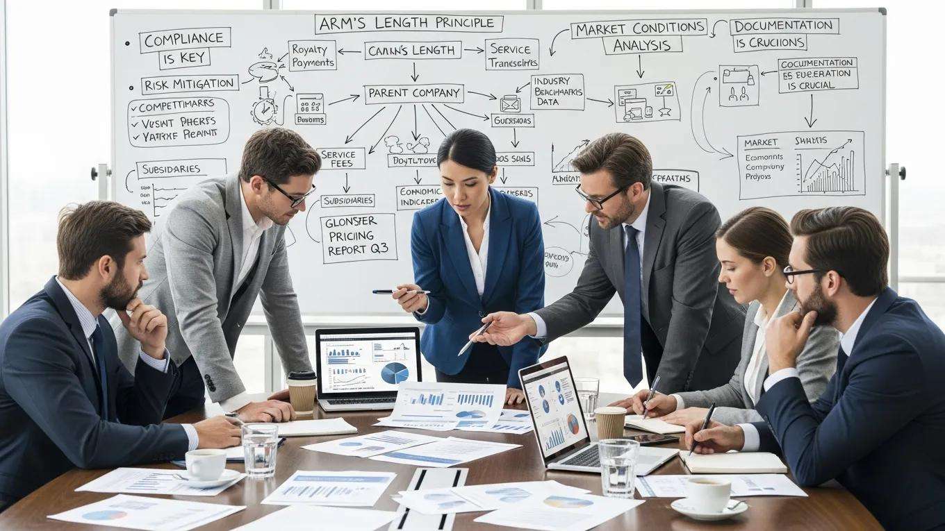 Business professionals analyzing transfer pricing strategies in a meeting