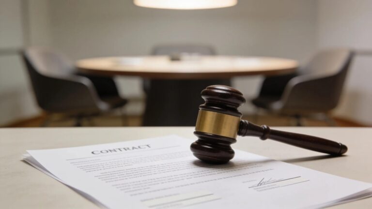 Professional legal image depicting a contract document and gavel in a meeting room