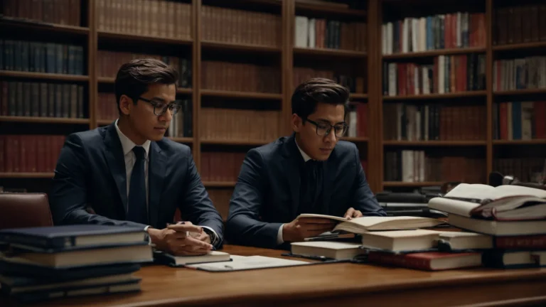 two professionals engage in a video conference on their laptops, surrounded by legal books and international flags.