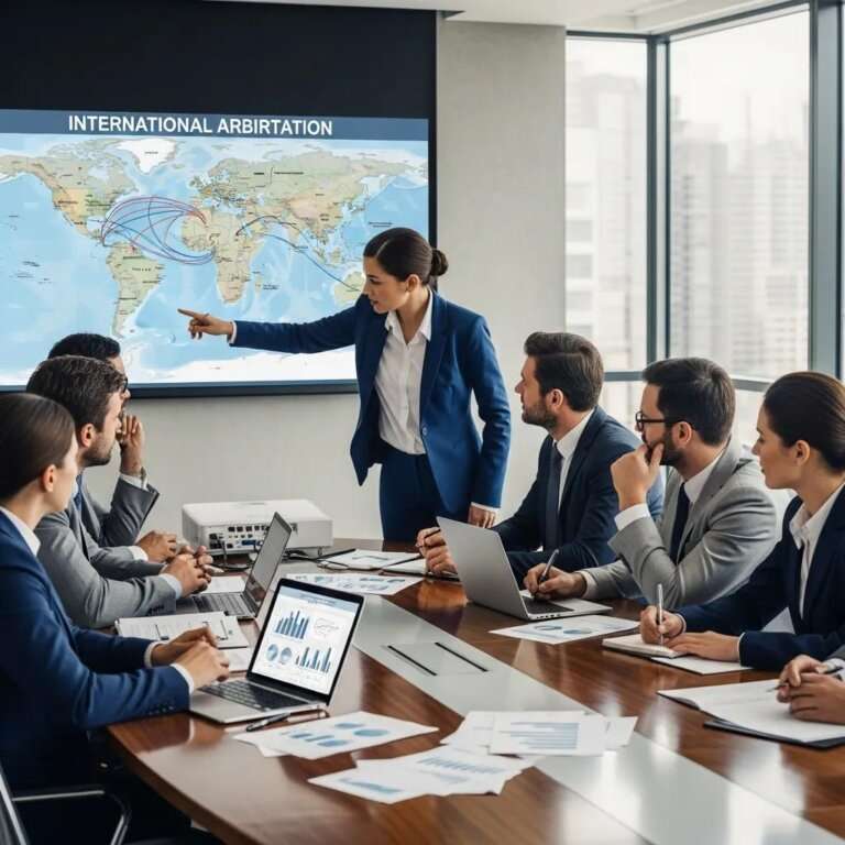 Diverse business professionals discussing international arbitration in a modern conference room