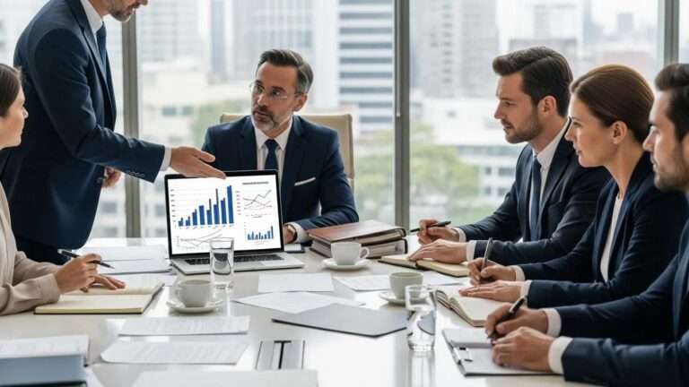 Business professionals discussing international arbitration and litigation in a modern conference room
