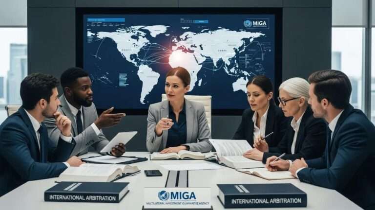 Professionals discussing MIGA's role in international arbitration and political risk insurance