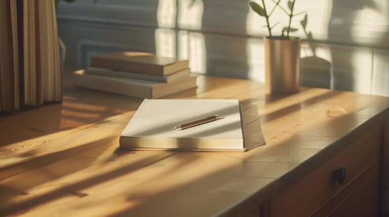 a minimalist workspace features an elegantly arranged notepad and pen on a sleek desk, bathed in warm, natural light, symbolizing the clarity and simplicity of crafting a business agreement.