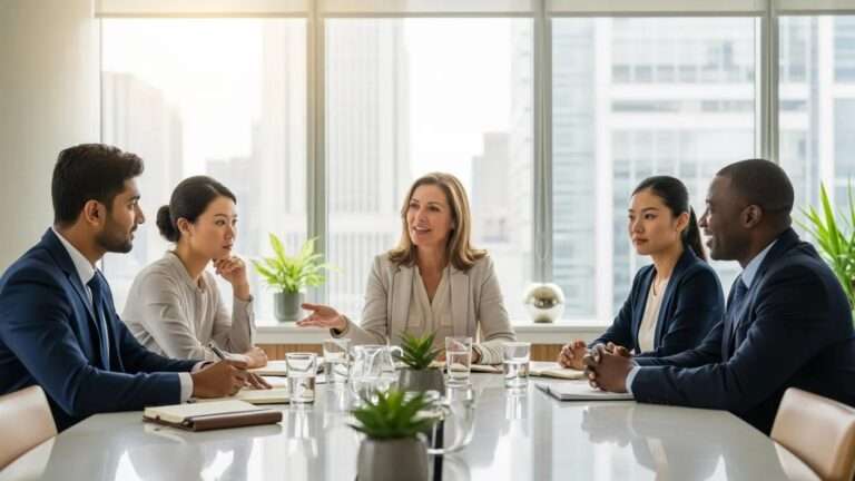 Diverse professionals engaged in mediation, representing collaborative conflict resolution