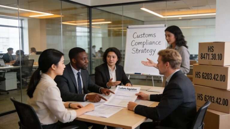 Engaged importers collaborating on customs valuation strategies in an international trade environment