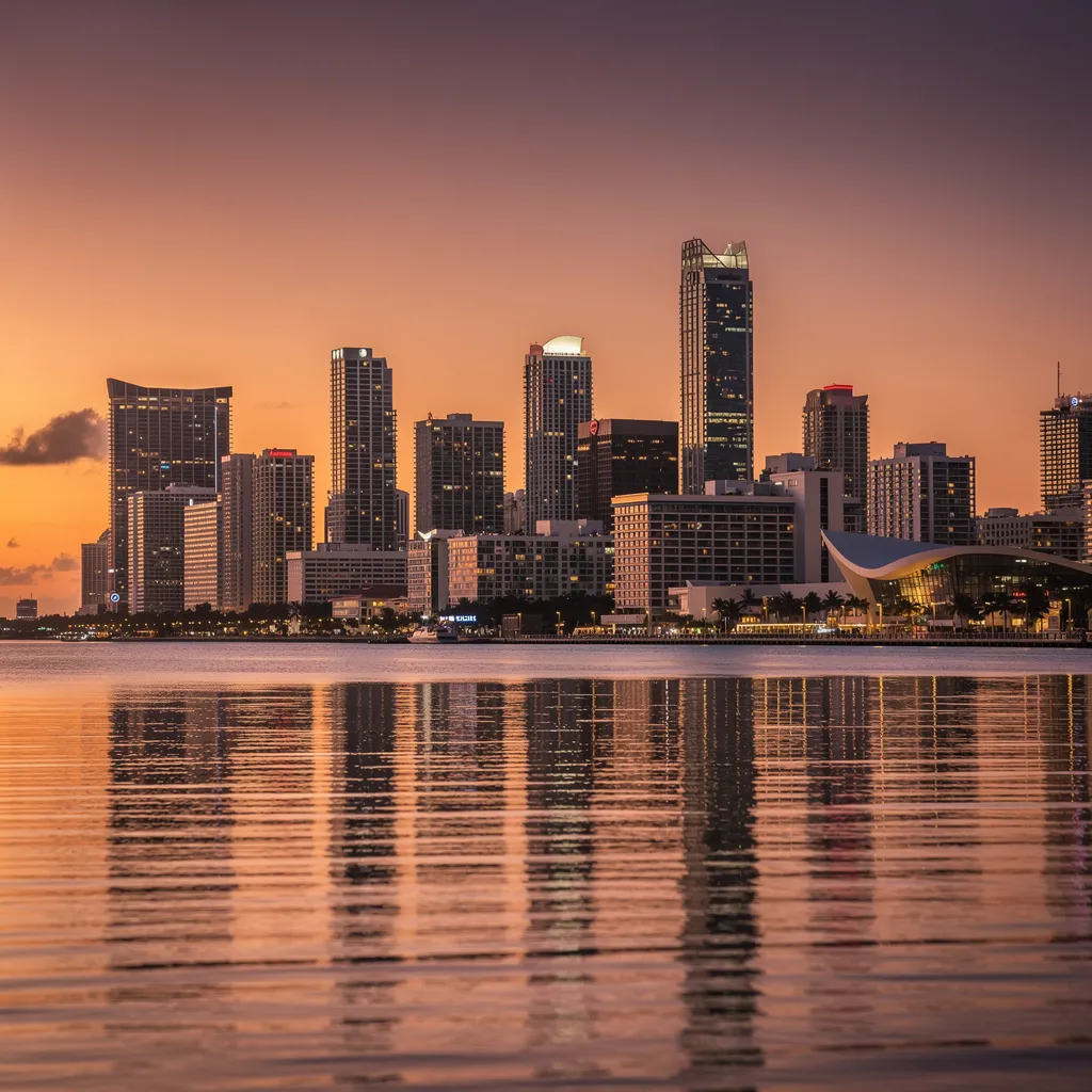 Downtown Miami skyline at dusk across Biscayne Bay