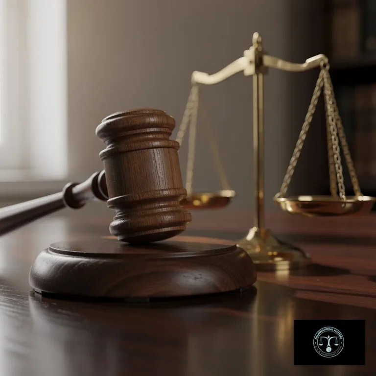 Gavel and brass scales of justice on a dark wood desk