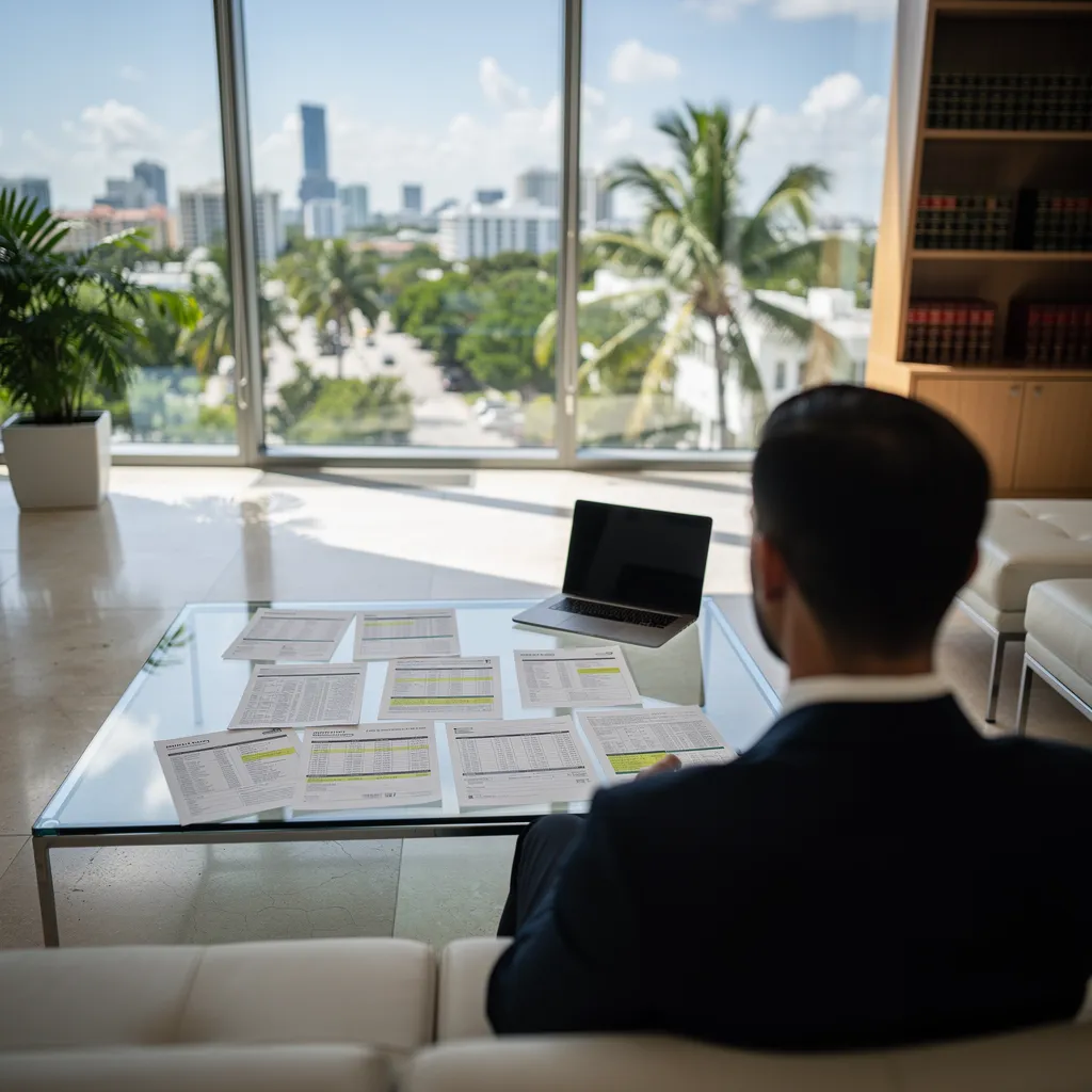 Compliance officer reviewing financial records at a desk in a Miami office