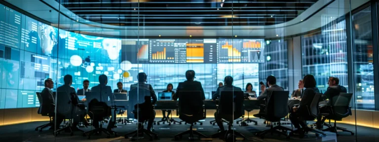 a panel of international arbitrators deliberating in a modern, glass-walled conference room filled with professional documents and digital screens displaying complex legal concepts.
