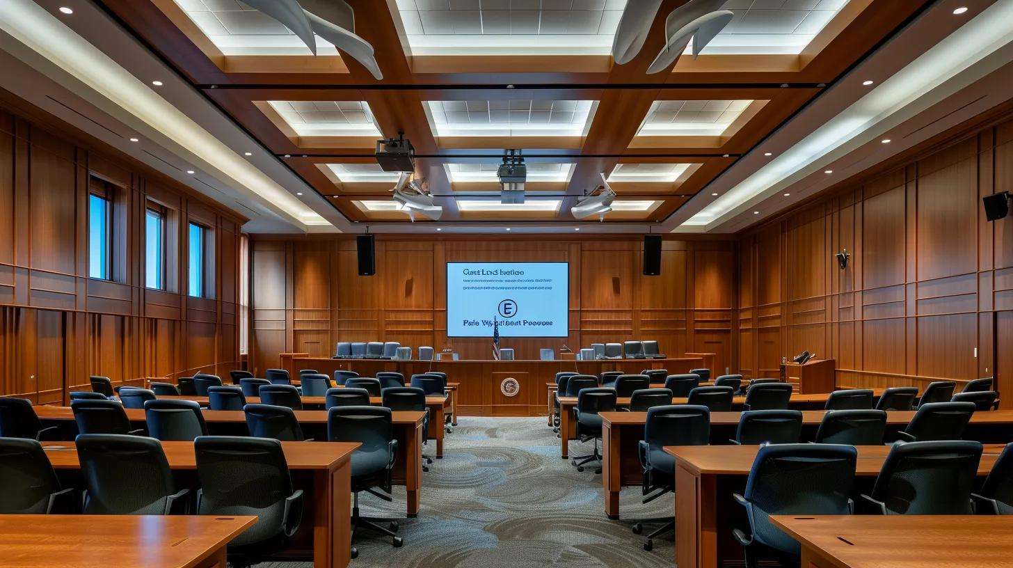a stark, modern courtroom filled with attentive legal professionals and a large monitor displaying procedural guidelines, symbolizing the structured safeguards of due process in florida property seizure cases.
