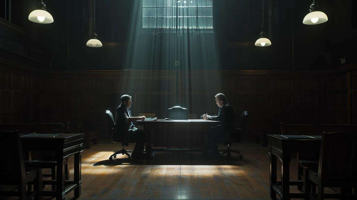 a dimly lit courtroom scene captures a tense moment, with a concerned individual seated at a polished wooden table, surrounded by legal documents and a somber lawyer discussing the heavy repercussions of civil asset forfeiture.