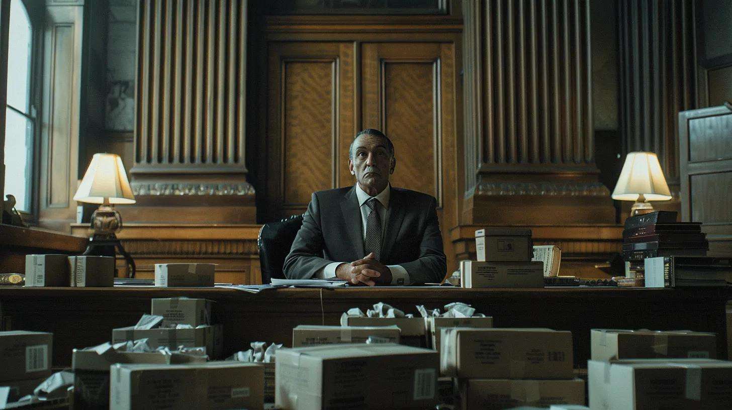 a tense courtroom scene features a judge overlooking a table stacked with confiscated merchandise, each item vividly highlighted under harsh overhead lighting, symbolizing the stark realities of administrative and legal proceedings in customs enforcement.
