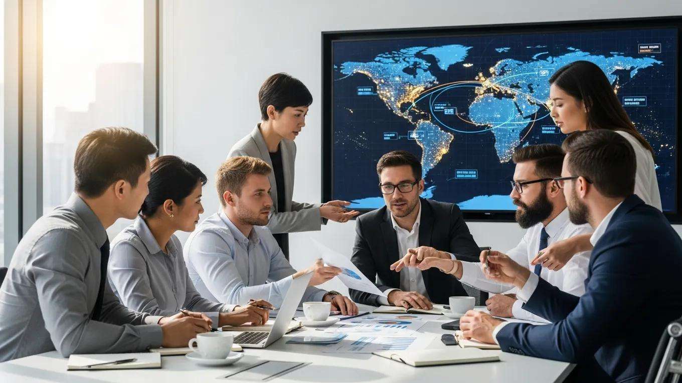 Business professionals collaborating on international market entry strategies