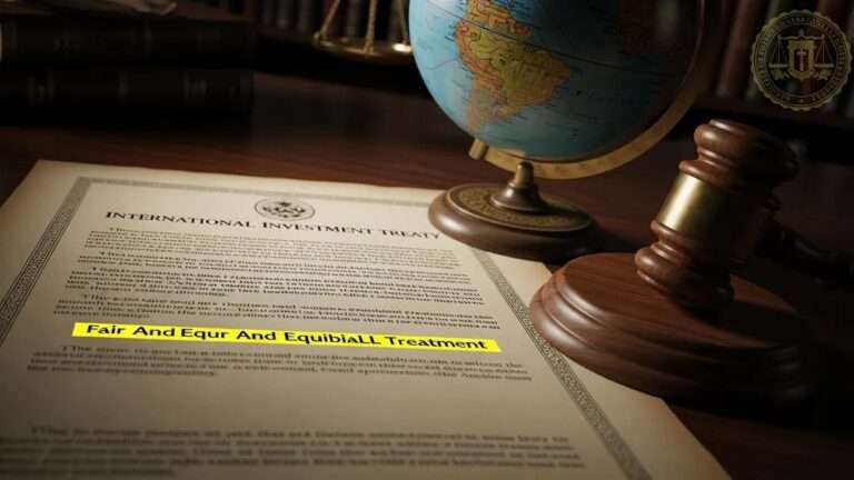 Close-up of a legal document with a gavel and globe, representing investment treaties and expropriation claims