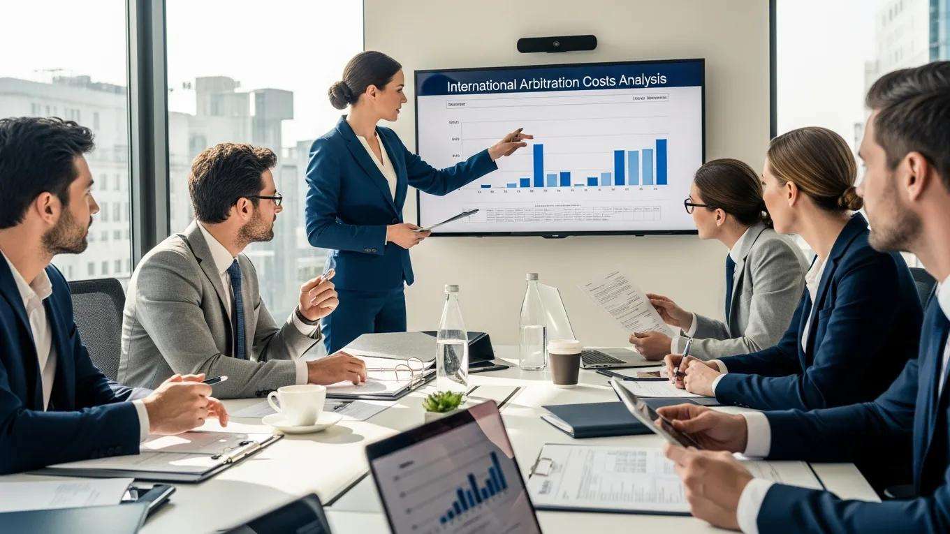 Diverse legal professionals collaborating on international arbitration costs in a modern office