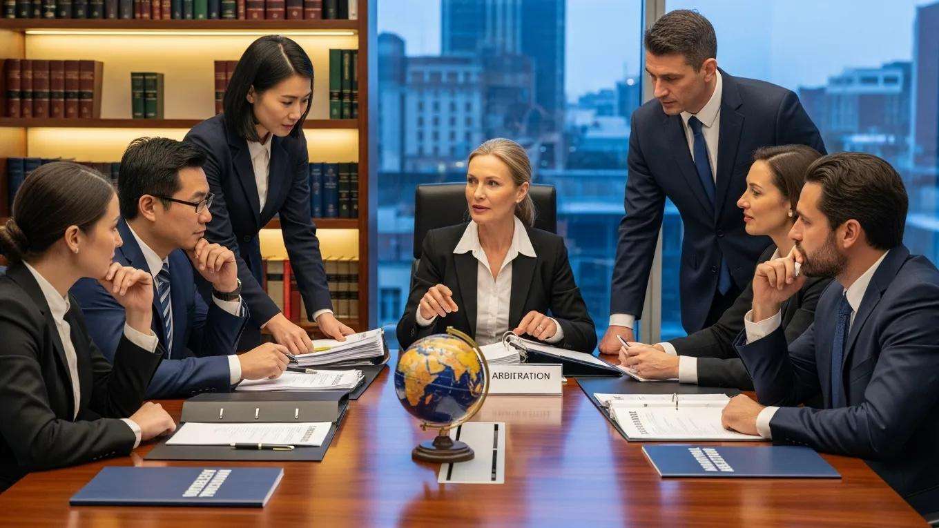 Diverse legal professionals discussing international arbitration strategies
