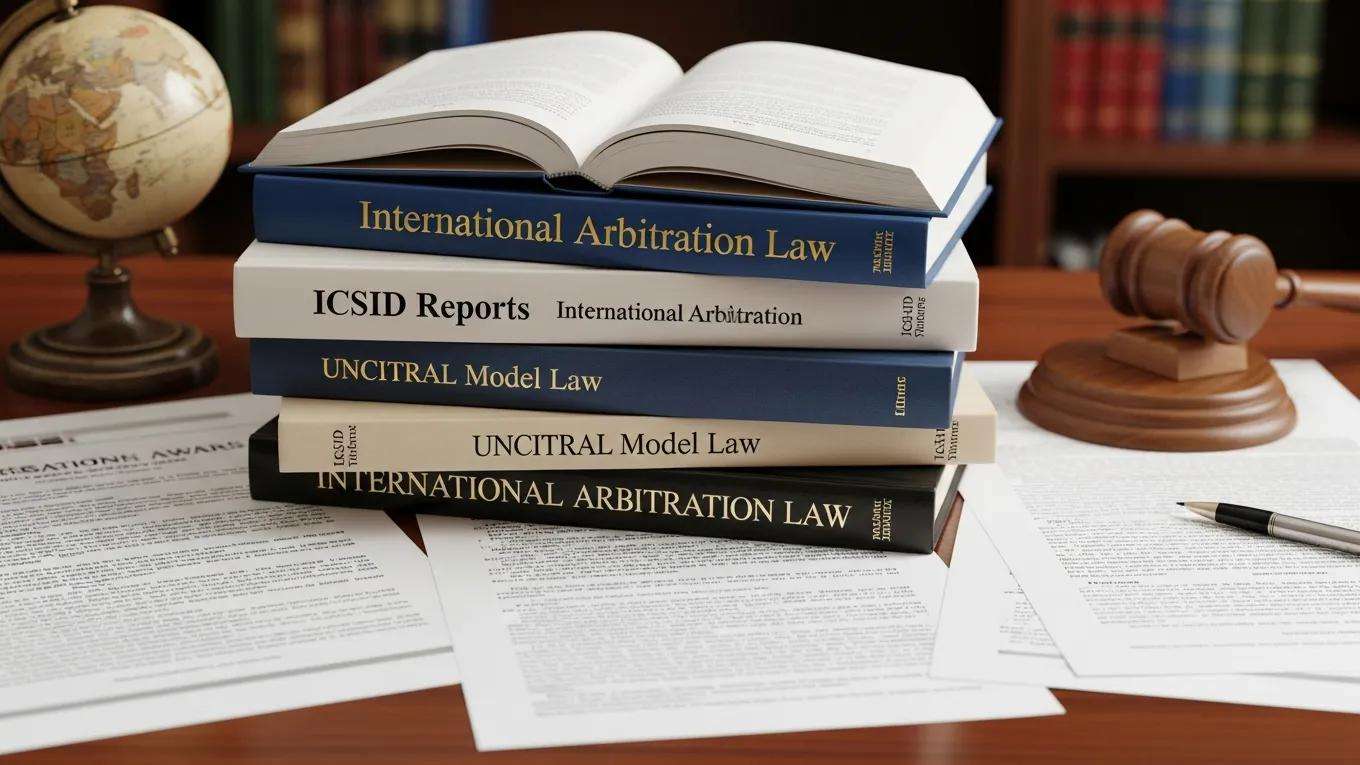 Legal books and documents illustrating international arbitration frameworks