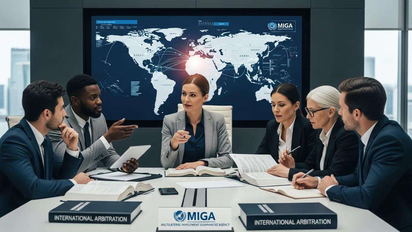 Professionals discussing MIGA's role in international arbitration and political risk insurance