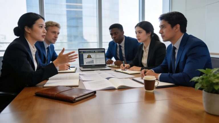 Diverse legal team strategizing on international arbitration in a modern office