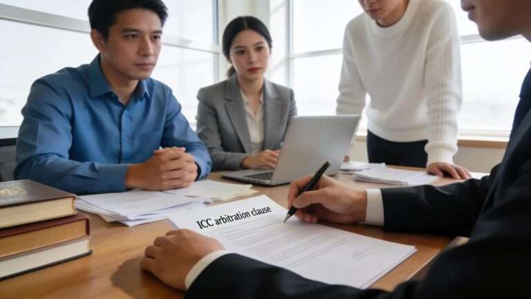 Lawyer drafting an ICC arbitration clause in a serious professional setting