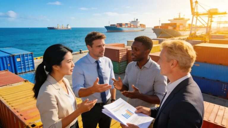 Florida importers strategizing around shipping containers in a vibrant port setting