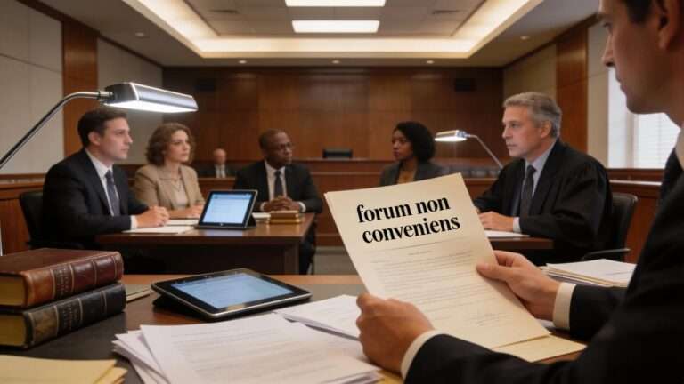 Courtroom scene depicting lawyers discussing forum non conveniens amidst legal books and documents