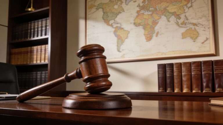 International arbitration symbols including a gavel and a map showcasing global cooperation in a professional office setting