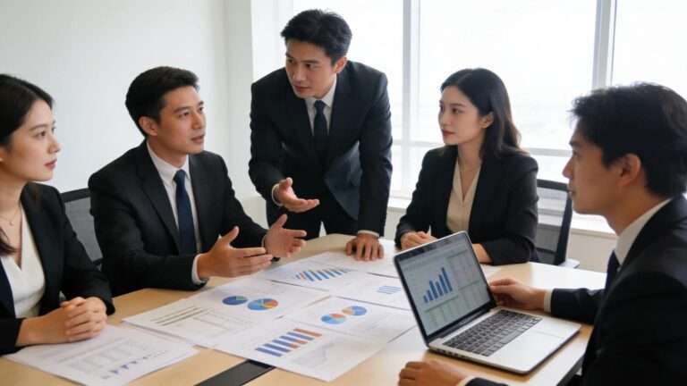 Professionals discussing sovereign debt restructuring in a modern office setting, highlighting cooperation and legal frameworks
