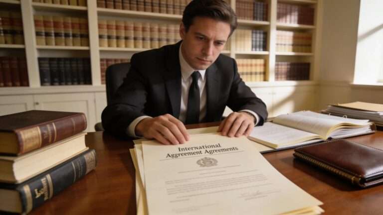 Lawyer reviewing ICSID arbitration documents in a sophisticated office setting
