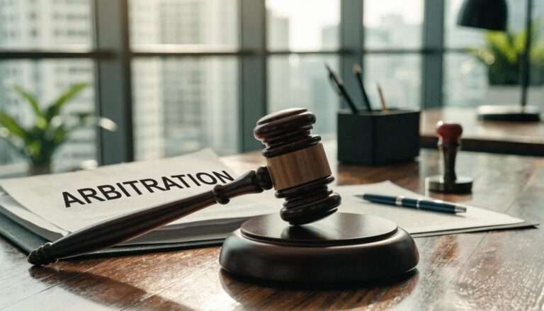 Gavel and legal documents symbolizing arbitration in a modern office environment